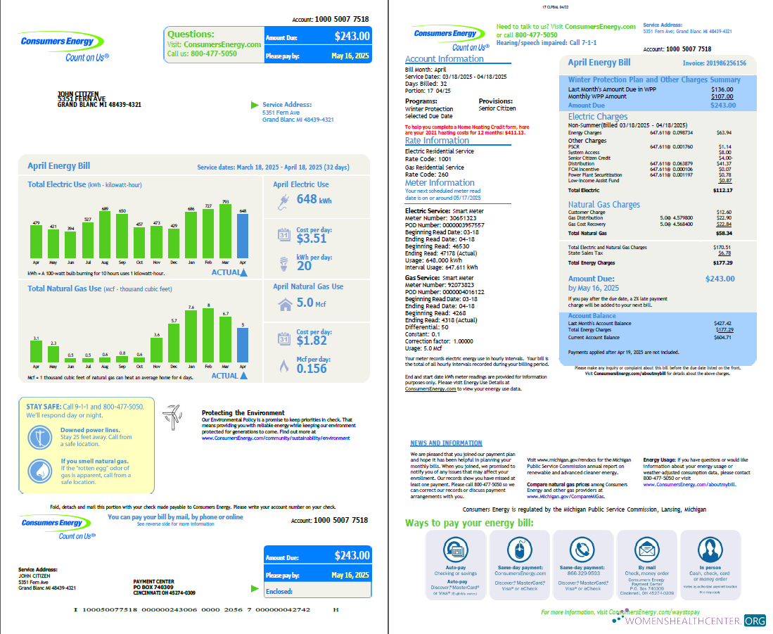 download USA Consumers Energy utility bill template in Word and PDF formats, 2 pages, vesion 2 PDF template